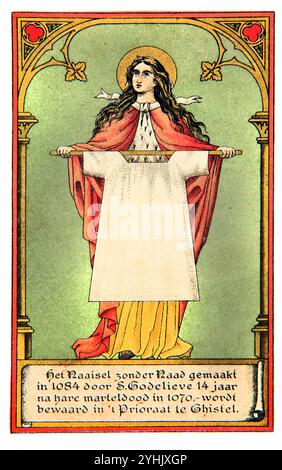 Une carte de prière néerlandaise vintage représentant le Saint Godelieve flamand avec le Laaisel sans couture faite en 1084 par Saint Godelieve 14 ans après son Mar Banque D'Images