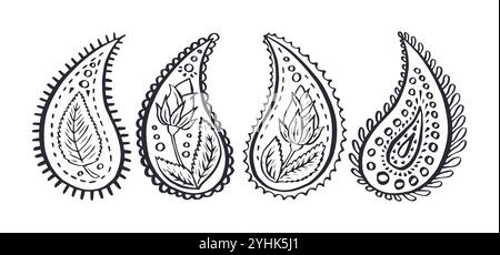 Ensemble de motifs cachemire noir et blanc isolé sur fond blanc Illustration de Vecteur