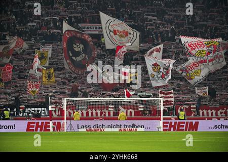 Cannstatter Kurve, VfB Stuttgart, bloc ventilateur, ventilateurs, courbe ventilateur, drapeaux, drapeaux, atmosphère, atmosphérique, MHPArena, MHP Arena Stuttgart, Bade-Wuerttemberg Banque D'Images