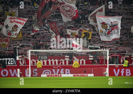 Cannstatter Kurve, VfB Stuttgart, bloc ventilateur, ventilateurs, courbe ventilateur, drapeaux, drapeaux, atmosphère, atmosphérique, MHPArena, MHP Arena Stuttgart, Bade-Wuerttemberg Banque D'Images