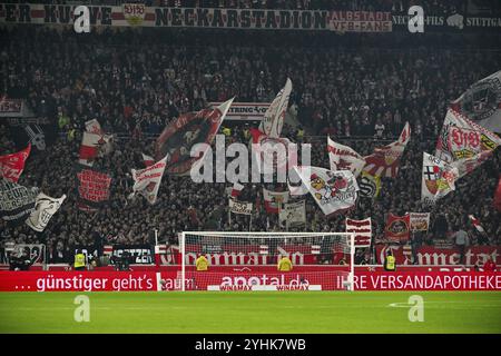 Cannstatter Kurve, VfB Stuttgart, bloc ventilateur, ventilateurs, courbe ventilateur, drapeaux, drapeaux, atmosphère, atmosphérique, MHPArena, MHP Arena Stuttgart, Bade-Wuerttemberg Banque D'Images