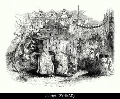 Une vieille gravure du retour triomphal de Henry V à Londres, Angleterre, Royaume-Uni, le 23 novembre 1415, après sa célèbre victoire sur les Français à la bataille d'Agincourt en octobre de la même année. Le roi était à cheval et la Corporation de Londres a présenté des démonstrations extravagantes de pageanterie pour célébrer la victoire du pays, avec des banderoles dans les rues, des trompettistes jouant et une foule énorme pour les festivités. Banque D'Images