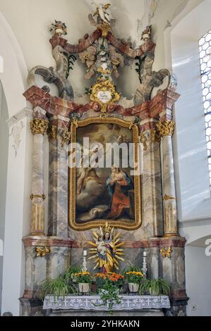 Autel latéral avec portrait de la Vierge Marie, église paroissiale Saint-Alexandre, Ofterschwang, Allgaeu, Bavière, Allemagne, Europe Banque D'Images