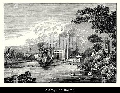 Une ancienne gravure de Lombe's Mill (ou les œuvres italiennes), Derby, Derbyshire, Angleterre, Royaume-Uni - une vieille gravure vers 1750. Le moulin a été construit sur la rive ouest de la rivière Derwent en 1721. Lombe's Mill a été la première usine de lancer de soie à succès en Angleterre. Banque D'Images