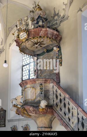 La chaire, église paroissiale de Saint-Alexandre, Ofterschwang, Allgaeu, Bavière, Allemagne, Europe Banque D'Images