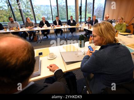 Erfurt, Allemagne. 12 novembre 2024. Les dirigeants de la CDU, de la BSW et du SPD se réunissent pour des négociations de coalition au parlement de Thuringe. Les représentants des trois parties souhaitent examiner les résultats des groupes de travail et discuter des questions litigieuses. Crédit : Martin Schutt/dpa/Alamy Live News Banque D'Images