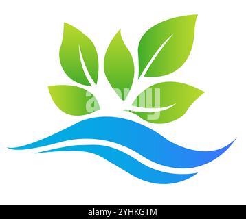 Cette image présente un logo stylisé avec des feuilles vertes au-dessus de l'eau bleue qui coule. Le design est moderne et épuré, placé sur un fond blanc Illustration de Vecteur
