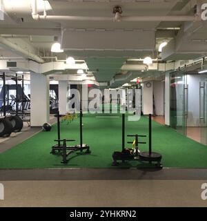 Intérieur de salle de sport moderne avec gazon vert pour pousser en traîneau, équipement de musculation et stations d'entraînement. Éclairage spacieux et lumineux, avec des murs en verre clair. Banque D'Images