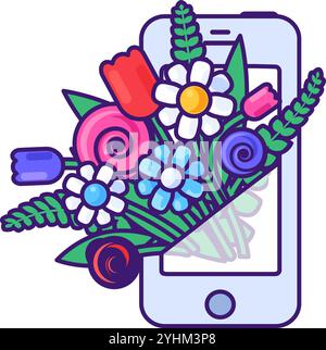 Illustration graphique vectorielle de bouquet fleurissant à partir d'un téléphone dans un style de dessin animé de contour vibrant. Délicieux mélange de fleurs et de feuilles vertes. Prese Illustration de Vecteur