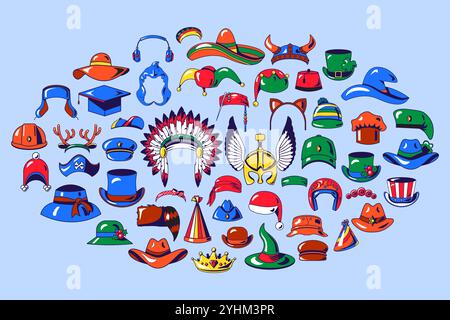 Ensemble d'illustrations de chapeaux graphiques vectoriels dans le style de bande dessinée. Uniforme, vintage, coiffe rétro pour différentes occasions. Collection clipart Headwear Illustration de Vecteur