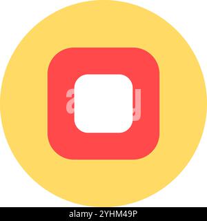 Icône de bouton carré rouge avec coins arrondis et icône de centre blanc. Bouton rouge sur l'autocollant jaune rond pour prendre des décisions immédiates importantes Illustration de Vecteur