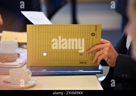 Erfurt, Allemagne. 12 novembre 2024. Des dossiers de documents sont sur la table avant le début des négociations de coalition au parlement de Thuringe. Crédit : Martin Schutt/dpa/Alamy Live News Banque D'Images