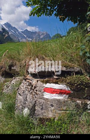 Le repère de peinture de circuits touristiques sur la pierre - Gimmelwald- Alpes Suisse - Suisse Banque D'Images