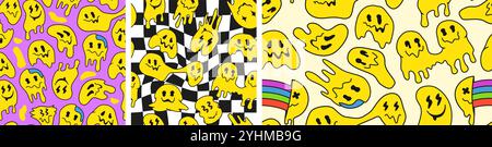 Motif sourire trippy. Visages emoji psychédéliques rétro dans la rave acide ou l'esthétique Y2K, visage de blob fondu drippy et vecteur drôle de motifs sans couture souriant Illustration de Vecteur