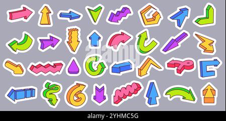 Flèches autocollantes 3D graffiti rétro. Symboles directionnels colorés, pointeurs courbés, droits, zigzag et en forme de flèche circulaire pour suivant, boucle, retour, tour Illustration de Vecteur