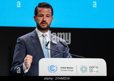 Bakou, Azerbaïdjan, 12 novembre 2024. Jakov Milatović, Président du Monténégro, prend la parole lors de la première partie du segment de haut niveau de la Conférence des Nations Unies sur les changements climatiques dans la salle plénière de Nizami pendant la COP29, un événement organisé par la CCNUCC au stade olympique de Bakou. La COP29, qui se déroulera à partir de novembre 11-22, se concentre sur la recherche d’énergie propre de compensation carbone. Crédit : Dominika Zarzycka/Alamy Live News Banque D'Images