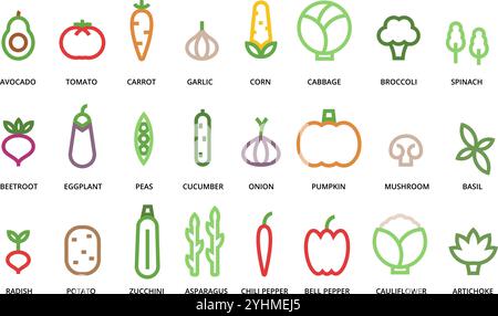 Icônes végétales de ligne minimaliste. Greengrocery aliments sains et produits agricoles biologiques du marché. Légumes géométriques simples et plantes comestibles linéaires Illustration de Vecteur