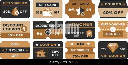Modèles de cartes-cadeaux. Bon de réduction, bon cadeau et pass VIP. Cartes promotionnelles conçues pour les ventes, les offres spéciales et les programmes de récompenses Illustration de Vecteur