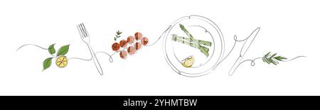 Illustration de silhouette linéaire de légumes avec citron, fourchette, tomates, assiette, asperges, romarin, dessin de couteau avec couleur sur fond blanc Illustration de Vecteur