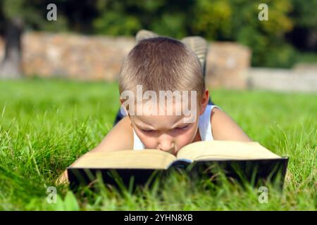 L'enfant lit attentivement le livre sur une prairie d'été Banque D'Images