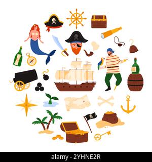 Pirate trésors et corsaires aventure de navire dans la conception de bannière ronde. Capitaine et marin avec perroquet, personnages de sirène, croisillons sur le drapeau, la carte et la poitrine dans l'illustration vectorielle de dessin animé de motif de cercle Illustration de Vecteur