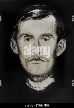 Edvard Munch (1863-1944) Peintre norvégien. Autoportrait avec bras squelette, 1895. Lithographie. Détail. Galerie nationale Prague. République tchèque. Banque D'Images