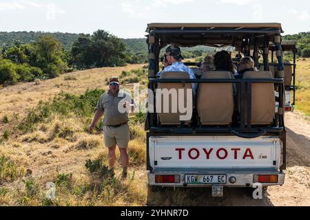 Un guide de garde forestier montrant et parlant à un groupe de touristes dans une jeep safari à Schotia Game Reserve, Eastern Cape, Afrique du Sud Banque D'Images