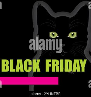 Solde du vendredi fou. Chat noir aux yeux verts. Bannière pour la publicité et les ventes. Illustration de Vecteur