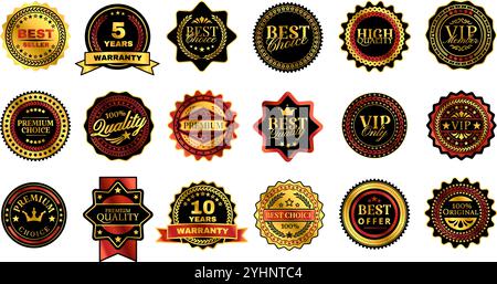 Badges rétro haut de gamme. Autocollant de haute qualité, icône de membre VIP, badge de garantie doré et étiquettes décoratives de qualité supérieure. Meilleur choix, vendeur et Illustration de Vecteur