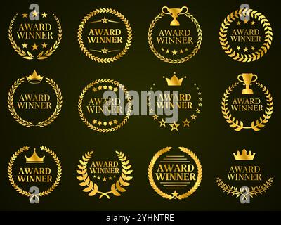 Emblèmes des lauréats du Golden Award. Badges Gold avec couronnes de laurier, cinq étoiles, couronnes et symboles trophées. Vecteur de balise de réalisation circulaire élégant Illustration de Vecteur