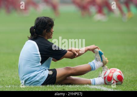 TIANJIN, CHINE - 6 AOÛT : Marisa Gerez, de l'Argentine, s'étire pendant les échauffements avant un match du Groupe E contre le Canada au tournoi de soccer féminin des Jeux olympiques de Beijing le 6 août 2008 au stade du Centre sportif olympique de Tianjin, à Tianjin, en Chine. (Photographie de Jonathan P. Larsen / Diadem images) Banque D'Images