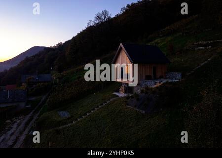 Une petite cabane moderne en bois parmi des rangées de raisins cultivés pour la production de vin en automne dans une région viticole Dolenjska en Slovénie Banque D'Images