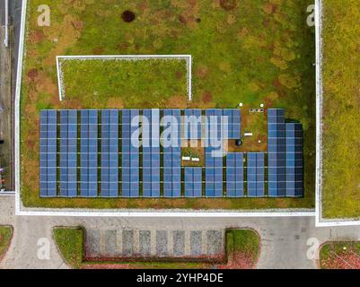 vue aérienne d'un toit recouvert d'herbe, de plantes et de panneaux solaires Banque D'Images