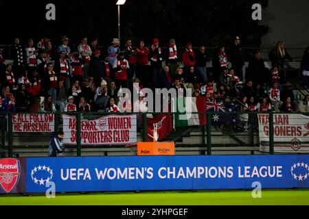 Biella, Italie. 12 novembre 2024. Les fans d'Arsenal Women lors du match de football de la Ligue des champions féminine de l'UEFA entre la Juventus Women et l'Arsenal Women Football Club au Stadium Comunale Vittorio Pozzo la Marmora à Biella, dans le nord-ouest de l'Italie - Groupe C - 3/6 - 12 novembre 2024. Sport - Football. (Photo de Fabio Ferrari/LaPresse) crédit : LaPresse/Alamy Live News Banque D'Images