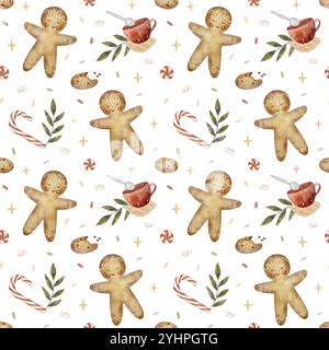 Fête du nouvel an à motif sans couture avec homme en pain d'épice, canne à bonbons, sucettes, biscuits. Illustration aquarelle du nouvel an sur fond transparent pour Banque D'Images