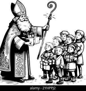 Saint Nicolas donne des cadeaux aux enfants. Illustration de Vecteur