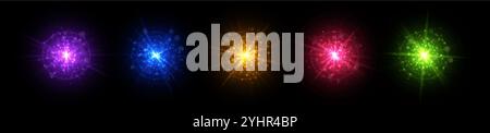 Effets lumineux magiques, éclats d'étoiles colorés brillants, étincelles chatoyantes avec des faisceaux rayonnants. Illustration de Vecteur