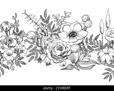 Fleurs noir et blanc bordure sans couture. Composition d'anémone, rose, jacinthe, Illustration de Vecteur