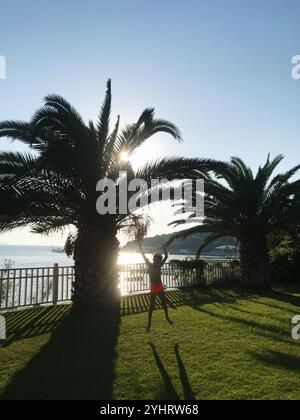 Une personne saute joyeusement dans la lumière du soleil entre les palmiers, avec une magnifique toile de fond de plage. Le cadre serein capture l'essence de la liberté et du tro Banque D'Images