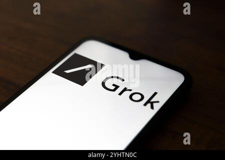 Le logo Grok est affiché sur l'écran d'un smartphone, à Reno, États-Unis, le 12 novembre 2024. Grok est une intelligence artificielle générative c Banque D'Images