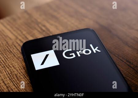 Le logo Grok est affiché sur l'écran d'un smartphone, à Reno, États-Unis, le 12 novembre 2024. Grok est une intelligence artificielle générative c Banque D'Images