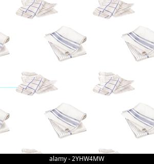 Serviettes de cuisine avec bande bleue sur motif sans couture. Illustration numérique aquarelle. Piles de serviettes et nappe en tissu isolé sur whit Banque D'Images