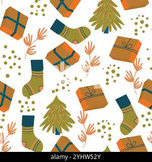 Seamless Noël Cozy hiver nouvel an modèle avec des cadeaux mignons, arbre de Noël, plantes et chaussettes sur fond blanc. Illustration vectorielle. Concevoir pour Illustration de Vecteur