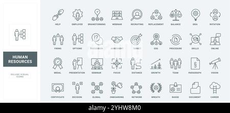 Recherche et recrutement de gestionnaire, options de sélection des candidats et formation des compétences, vision RH et stratégie illustration vectorielle de symboles de contour noir mince. Ressources humaines, ensemble d'icônes de ligne d'emploi. Illustration de Vecteur