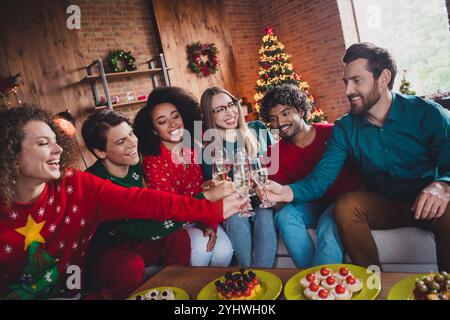 Photo de gentils jeunes assis canapé boire champagne toast profiter de décoration de noël intérieure maison intérieure à l'intérieur de la partie Banque D'Images