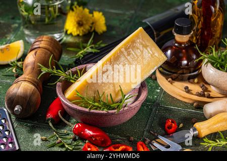 Bloc de parmesan assaisonné de romarin et d'épices, accompagné d'ustensiles de cuisine et d'ingrédients, créant une scène culinaire rustique Banque D'Images