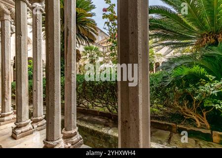 Dubrovnik – HR – Oct 18, 2024 L'intérieur du monastère franciscain de Dubrovnik comprend un cloître tranquille avec des colonnes ornées, un grand chap voûté Banque D'Images