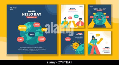 World Hello Day Celebration Flat Cartoon social Media Post Template illustration Illustration de Vecteur