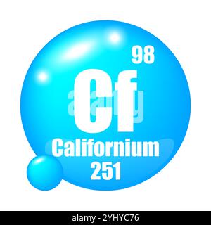 Icône Californium. Elément chimique CF. Numéro atomique 98. Masse 251. Image de sphère bleue. Illustration de Vecteur