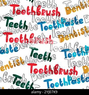 Un motif coloré avec une brosse à dents, des dents saines et des termes dentaires clés, parfait pour promouvoir la santé dentaire. Graphiques vectoriels dessinés à la main en dessin au trait pour l'impression sur papier et tissu. Illustration de Vecteur